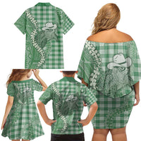 Green Hawaii Palaka Cowboy Turtle Family Matching Off Shoulder Short Dress and Hawaiian Shirt Hawaiian Paniolo Puakenikeni Maile Lei - Polynesian Pride