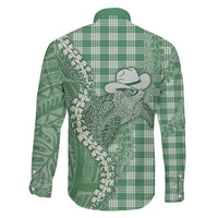 Green Hawaii Palaka Cowboy Turtle Family Matching Puletasi and Hawaiian Shirt Hawaiian Paniolo Puakenikeni Maile Lei - Polynesian Pride