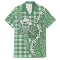 Green Hawaii Palaka Cowboy Turtle Family Matching Short Sleeve Bodycon Dress and Hawaiian Shirt Hawaiian Paniolo Puakenikeni Maile Lei - Polynesian Pride