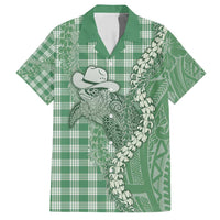 Green Hawaii Palaka Cowboy Turtle Family Matching Short Sleeve Bodycon Dress and Hawaiian Shirt Hawaiian Paniolo Puakenikeni Maile Lei - Polynesian Pride