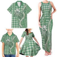 Green Hawaii Palaka Cowboy Turtle Family Matching Tank Maxi Dress and Hawaiian Shirt Hawaiian Paniolo Puakenikeni Maile Lei - Polynesian Pride