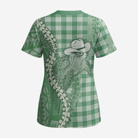 Green Hawaii Palaka Cowboy Turtle Scrub Top Hawaiian Paniolo Puakenikeni Maile Lei - Polynesian Pride