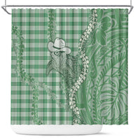 Green Hawaii Palaka Cowboy Turtle Shower Curtain Hawaiian Paniolo Puakenikeni Maile Lei - Polynesian Pride