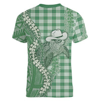Green Hawaii Palaka Cowboy Turtle Women V-Neck T-Shirt Hawaiian Paniolo Puakenikeni Maile Lei - Polynesian Pride