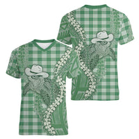 Green Hawaii Palaka Cowboy Turtle Women V-Neck T-Shirt Hawaiian Paniolo Puakenikeni Maile Lei - Polynesian Pride