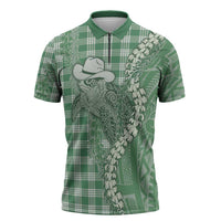 Green Hawaii Palaka Cowboy Turtle Zipper Polo Shirt Hawaiian Paniolo Puakenikeni Maile Lei - Polynesian Pride