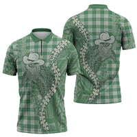 Green Hawaii Palaka Cowboy Turtle Zipper Polo Shirt Hawaiian Paniolo Puakenikeni Maile Lei - Polynesian Pride