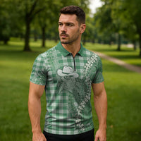 Green Hawaii Palaka Cowboy Turtle Zipper Polo Shirt Hawaiian Paniolo Puakenikeni Maile Lei - Polynesian Pride