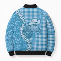 Blue Hawaii Palaka Cowboy Turtle Bomber Puffer Jacket Hawaiian Paniolo Puakenikeni Maile Lei - Polynesian Pride