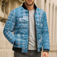 Blue Hawaii Palaka Cowboy Turtle Bomber Puffer Jacket Hawaiian Paniolo Puakenikeni Maile Lei - Polynesian Pride