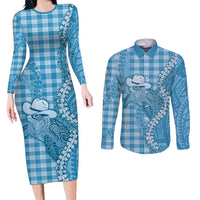 Blue Hawaii Palaka Cowboy Turtle Couples Matching Long Sleeve Bodycon Dress and Long Sleeve Button Shirt Hawaiian Paniolo Puakenikeni Maile Lei - Polynesian Pride