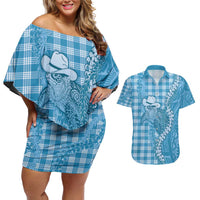 Blue Hawaii Palaka Cowboy Turtle Couples Matching Off Shoulder Short Dress and Hawaiian Shirt Hawaiian Paniolo Puakenikeni Maile Lei - Polynesian Pride