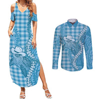 Blue Hawaii Palaka Cowboy Turtle Couples Matching Summer Maxi Dress and Long Sleeve Button Shirt Hawaiian Paniolo Puakenikeni Maile Lei - Polynesian Pride