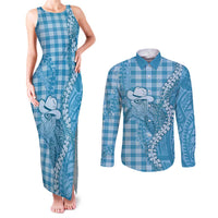 Blue Hawaii Palaka Cowboy Turtle Couples Matching Tank Maxi Dress and Long Sleeve Button Shirt Hawaiian Paniolo Puakenikeni Maile Lei - Polynesian Pride
