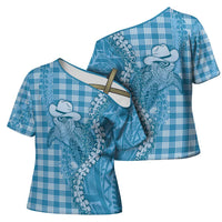 Blue Hawaii Palaka Cowboy Turtle Cross Shoulder Shirt Hawaiian Paniolo Puakenikeni Maile Lei DT05 - Polynesian Pride