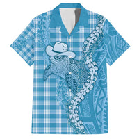 Blue Hawaii Palaka Cowboy Turtle Family Matching Long Sleeve Bodycon Dress and Hawaiian Shirt Hawaiian Paniolo Puakenikeni Maile Lei - Polynesian Pride