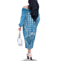 Blue Hawaii Palaka Cowboy Turtle Family Matching Off The Shoulder Long Sleeve Dress and Hawaiian Shirt Hawaiian Paniolo Puakenikeni Maile Lei - Polynesian Pride