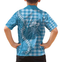 Blue Hawaii Palaka Cowboy Turtle Family Matching Off Shoulder Maxi Dress and Hawaiian Shirt Hawaiian Paniolo Puakenikeni Maile Lei - Polynesian Pride