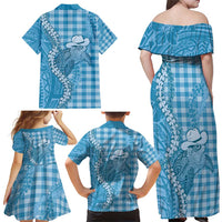Blue Hawaii Palaka Cowboy Turtle Family Matching Off Shoulder Maxi Dress and Hawaiian Shirt Hawaiian Paniolo Puakenikeni Maile Lei - Polynesian Pride