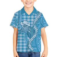 Blue Hawaii Palaka Cowboy Turtle Family Matching Off Shoulder Maxi Dress and Hawaiian Shirt Hawaiian Paniolo Puakenikeni Maile Lei - Polynesian Pride