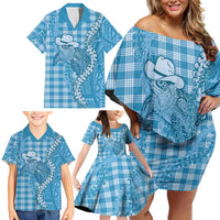 Blue Hawaii Palaka Cowboy Turtle Family Matching Off Shoulder Short Dress and Hawaiian Shirt Hawaiian Paniolo Puakenikeni Maile Lei - Polynesian Pride