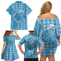 Blue Hawaii Palaka Cowboy Turtle Family Matching Off Shoulder Short Dress and Hawaiian Shirt Hawaiian Paniolo Puakenikeni Maile Lei - Polynesian Pride