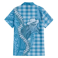 Blue Hawaii Palaka Cowboy Turtle Family Matching Off Shoulder Short Dress and Hawaiian Shirt Hawaiian Paniolo Puakenikeni Maile Lei - Polynesian Pride