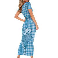 Blue Hawaii Palaka Cowboy Turtle Family Matching Short Sleeve Bodycon Dress and Hawaiian Shirt Hawaiian Paniolo Puakenikeni Maile Lei - Polynesian Pride
