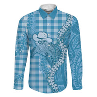 Blue Hawaii Palaka Cowboy Turtle Family Matching Summer Maxi Dress and Hawaiian Shirt Hawaiian Paniolo Puakenikeni Maile Lei - Polynesian Pride