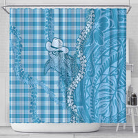 Blue Hawaii Palaka Cowboy Turtle Shower Curtain Hawaiian Paniolo Puakenikeni Maile Lei - Polynesian Pride