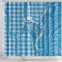 Blue Hawaii Palaka Cowboy Turtle Shower Curtain Hawaiian Paniolo Puakenikeni Maile Lei - Polynesian Pride