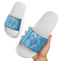 Blue Hawaii Palaka Cowboy Turtle Slide Sandals Hawaiian Paniolo Puakenikeni Maile Lei - Polynesian Pride