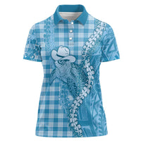 Blue Hawaii Palaka Cowboy Turtle Women Polo Shirt Hawaiian Paniolo Puakenikeni Maile Lei - Polynesian Pride