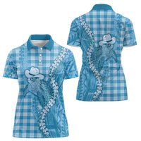 Blue Hawaii Palaka Cowboy Turtle Women Polo Shirt Hawaiian Paniolo Puakenikeni Maile Lei - Polynesian Pride