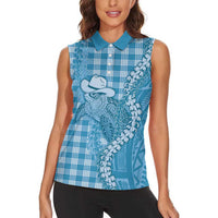 Blue Hawaii Palaka Cowboy Turtle Women Sleeveless Polo Shirt Hawaiian Paniolo Puakenikeni Maile Lei - Polynesian Pride