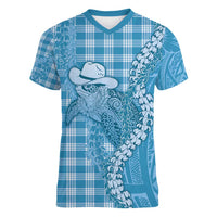 Blue Hawaii Palaka Cowboy Turtle Women V-Neck T-Shirt Hawaiian Paniolo Puakenikeni Maile Lei - Polynesian Pride