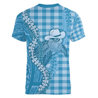 Blue Hawaii Palaka Cowboy Turtle Women V-Neck T-Shirt Hawaiian Paniolo Puakenikeni Maile Lei DT05 - Polynesian Pride