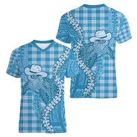 Blue Hawaii Palaka Cowboy Turtle Women V-Neck T-Shirt Hawaiian Paniolo Puakenikeni Maile Lei DT05 - Polynesian Pride