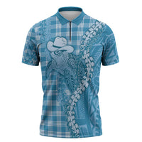 Blue Hawaii Palaka Cowboy Turtle Zipper Polo Shirt Hawaiian Paniolo Puakenikeni Maile Lei - Polynesian Pride