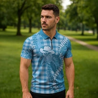 Blue Hawaii Palaka Cowboy Turtle Zipper Polo Shirt Hawaiian Paniolo Puakenikeni Maile Lei - Polynesian Pride