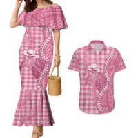 Pink Hawaii Palaka Cowboy Turtle Couples Matching Mermaid Dress and Hawaiian Shirt Hawaiian Paniolo Puakenikeni Maile Lei - Polynesian Pride
