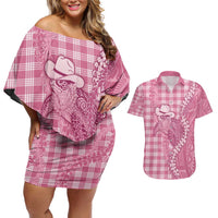 Pink Hawaii Palaka Cowboy Turtle Couples Matching Off Shoulder Short Dress and Hawaiian Shirt Hawaiian Paniolo Puakenikeni Maile Lei - Polynesian Pride
