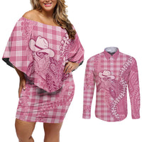 Pink Hawaii Palaka Cowboy Turtle Couples Matching Off Shoulder Short Dress and Long Sleeve Button Shirt Hawaiian Paniolo Puakenikeni Maile Lei - Polynesian Pride