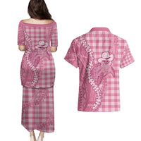 Pink Hawaii Palaka Cowboy Turtle Couples Matching Puletasi and Hawaiian Shirt Hawaiian Paniolo Puakenikeni Maile Lei DT05 - Polynesian Pride