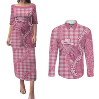 Pink Hawaii Palaka Cowboy Turtle Couples Matching Puletasi and Long Sleeve Button Shirt Hawaiian Paniolo Puakenikeni Maile Lei - Polynesian Pride