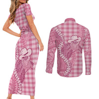 Pink Hawaii Palaka Cowboy Turtle Couples Matching Short Sleeve Bodycon Dress and Long Sleeve Button Shirt Hawaiian Paniolo Puakenikeni Maile Lei - Polynesian Pride