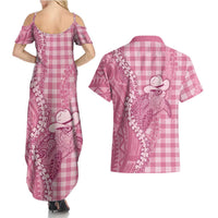 Pink Hawaii Palaka Cowboy Turtle Couples Matching Summer Maxi Dress and Hawaiian Shirt Hawaiian Paniolo Puakenikeni Maile Lei - Polynesian Pride