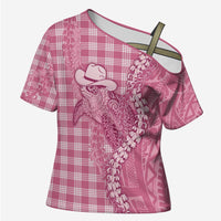 Pink Hawaii Palaka Cowboy Turtle Cross Shoulder Shirt Hawaiian Paniolo Puakenikeni Maile Lei DT05 Female Pink - Polynesian Pride