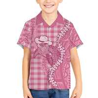 Pink Hawaii Palaka Cowboy Turtle Family Matching Long Sleeve Bodycon Dress and Hawaiian Shirt Hawaiian Paniolo Puakenikeni Maile Lei - Polynesian Pride