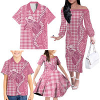 Pink Hawaii Palaka Cowboy Turtle Family Matching Off The Shoulder Long Sleeve Dress and Hawaiian Shirt Hawaiian Paniolo Puakenikeni Maile Lei - Polynesian Pride